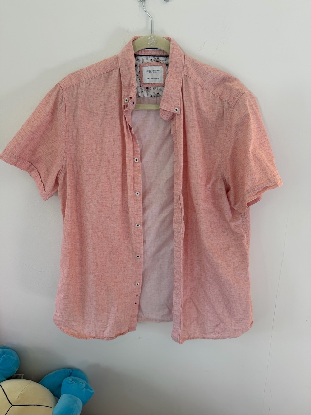 Denim & Flower Men’s Short-Sleeve Button-Down Shirt in Coral Pink